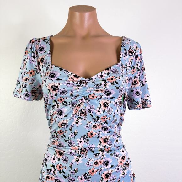 Good Luck Gem Sweetheart Neck Bodycon Floral Mini Dress Light Blue y2k 90s S NWT - Picture 3 of 12